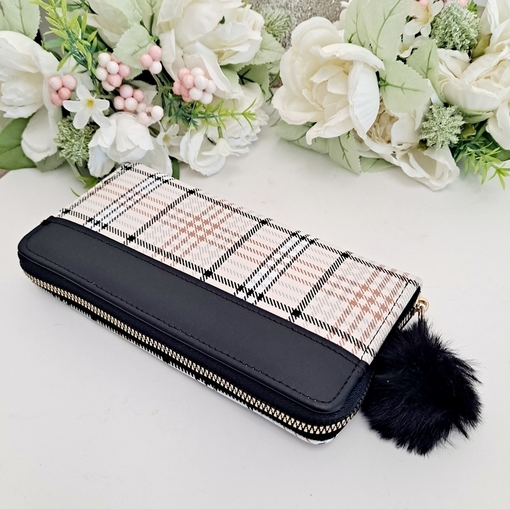 Long card zipper wallet  tartan plaid Preppy tan pompom vegan leather NEW